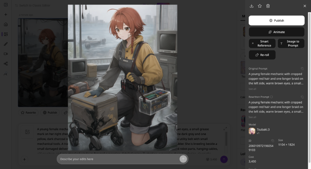 PixAI’s illustration of a young female mechanic using text to image