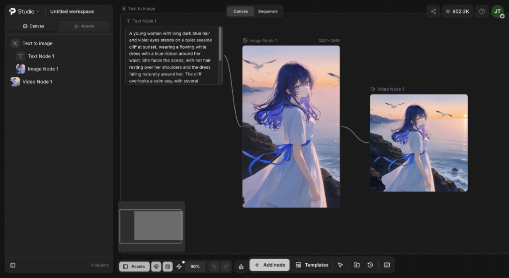 PixAI Studio interface showing text to image connected nodes