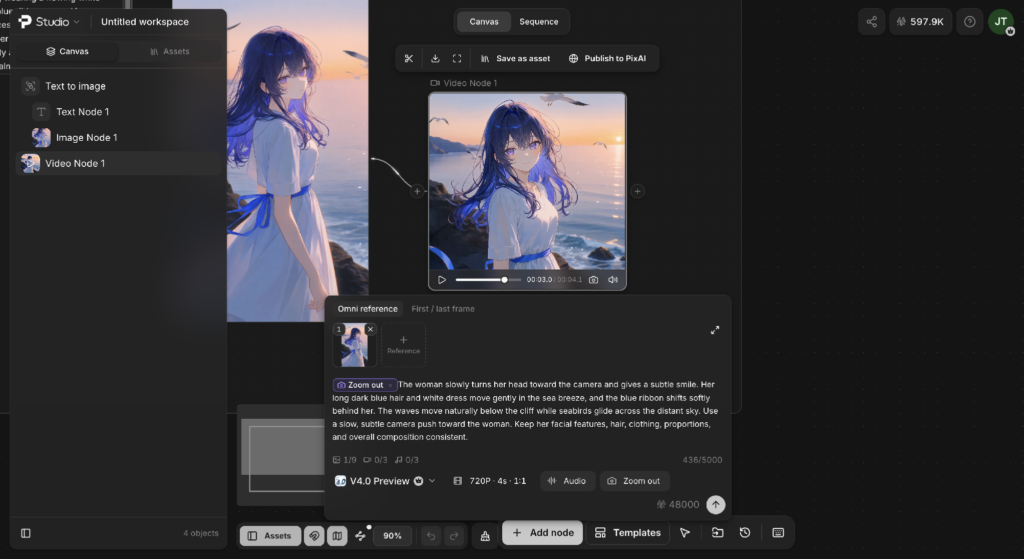 PixAI Studio interface showing image to video connected nodes